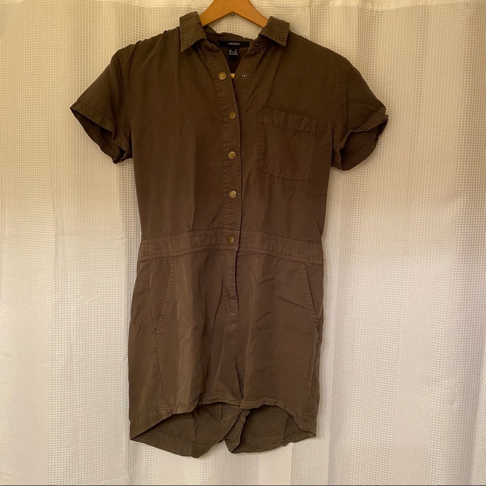 Forever 21 Chambray Button-Front Romper- Olive